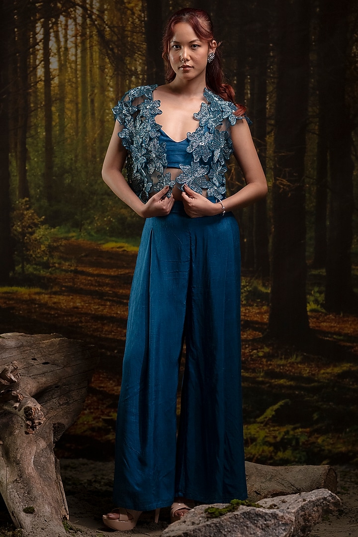 Cobalt Blue Organza Hand Embroidered Co-Ord Set by Harshita Jain at Pernia's Pop Up Shop