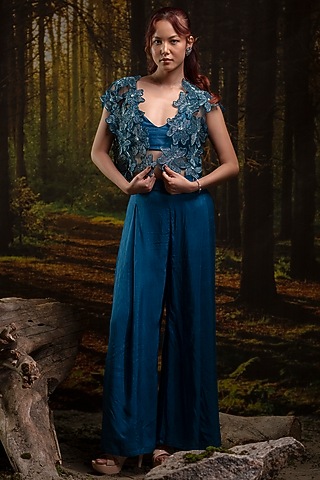 Cobalt Blue Organza Hand Embroidered Co-Ord Set by Harshita Jain