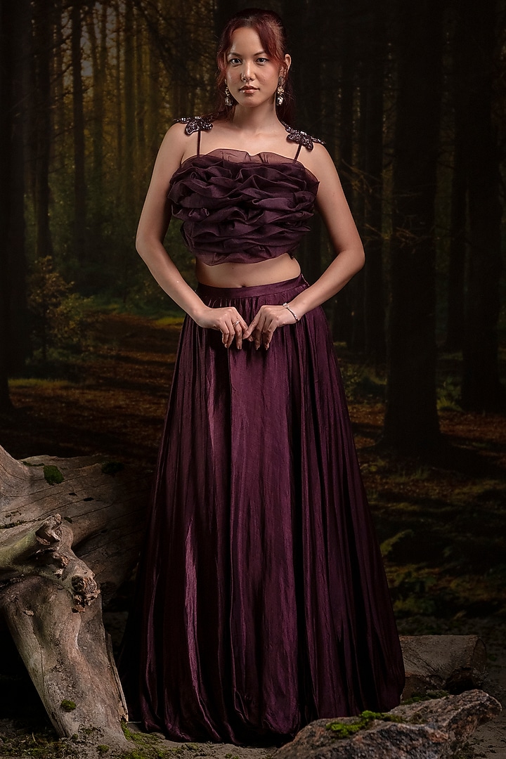 Plum Gajji Silk & Organza Wedding Lehenga Set by Harshita Jain at Pernia's Pop Up Shop