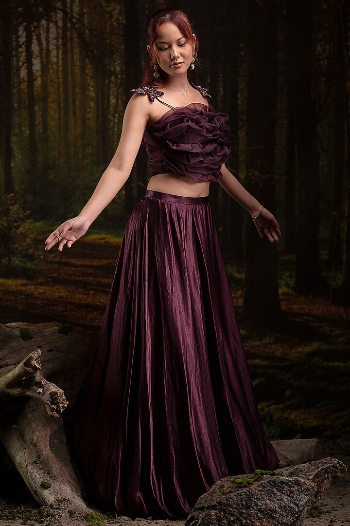 Plum Gajji Silk & Organza Wedding Lehenga Set by Harshita Jain at Pernia's Pop Up Shop