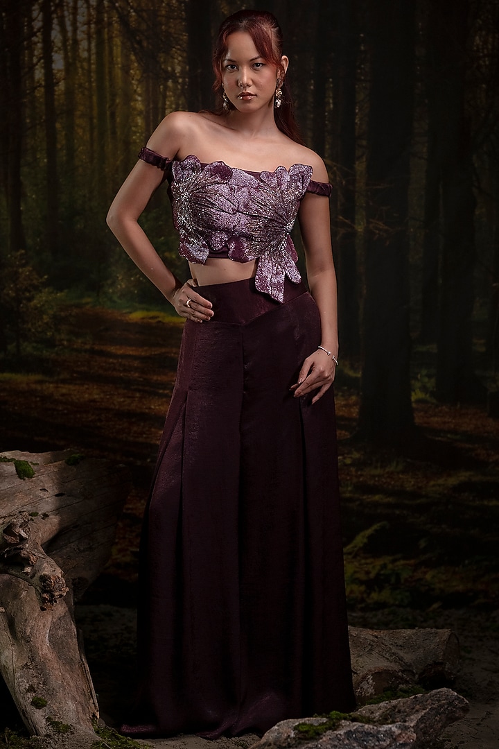 Plum Viscose Satin & Gajji Silk Embroidered Co-Ord Set by Harshita Jain at Pernia's Pop Up Shop