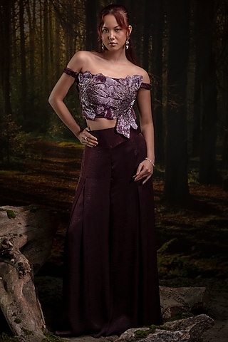 Plum Viscose Satin & Gajji Silk Embroidered Co-Ord Set by Harshita Jain