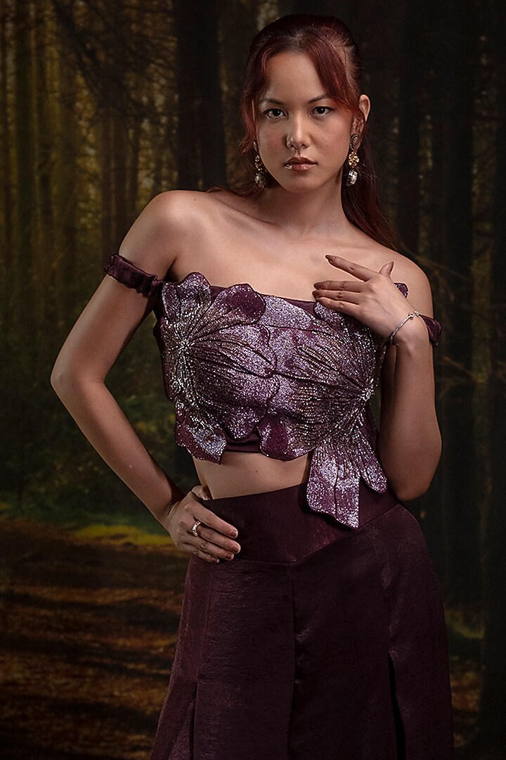Plum Viscose Satin & Gajji Silk Embroidered Co-Ord Set by Harshita Jain at Pernia's Pop Up Shop