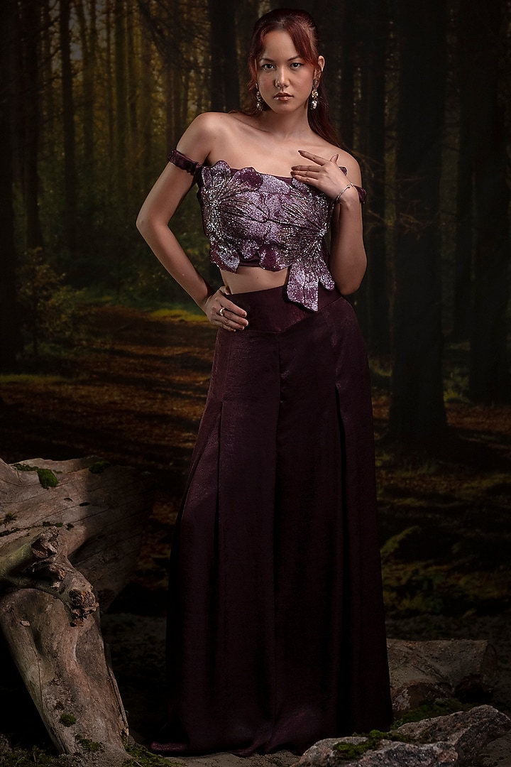 Plum Viscose Satin & Gajji Silk Embroidered Co-Ord Set by Harshita Jain at Pernia's Pop Up Shop