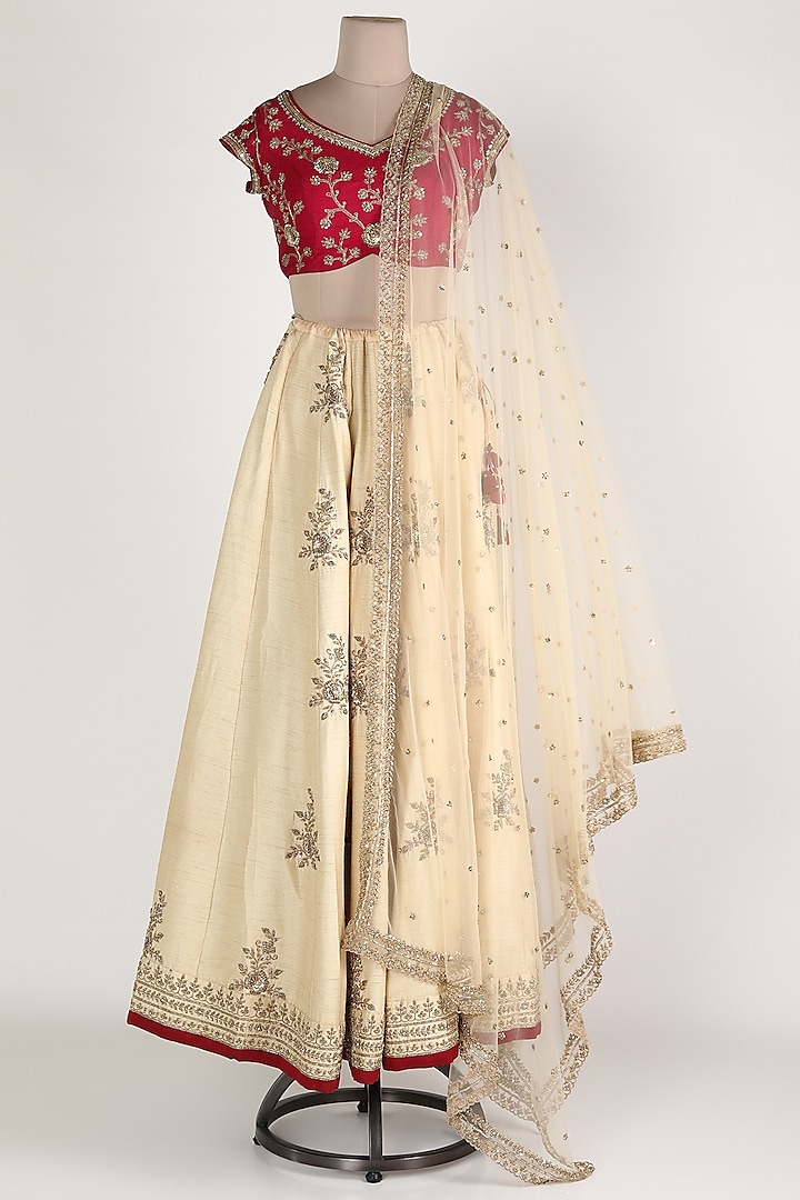 Beige & Maroon Embroidered Wedding Lehenga Set by Himani And Anjali Shah at Pernia's Pop Up Shop