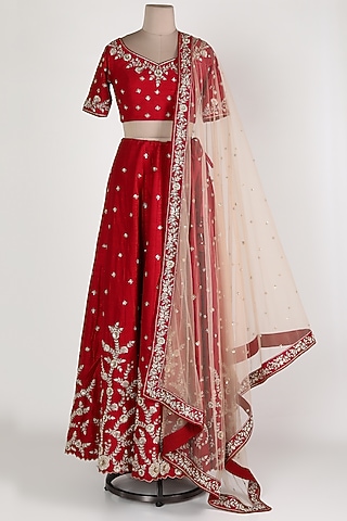 Maroon & Beige Zardosi Embroidered Lehenga Set by Himani And Anjali Shah