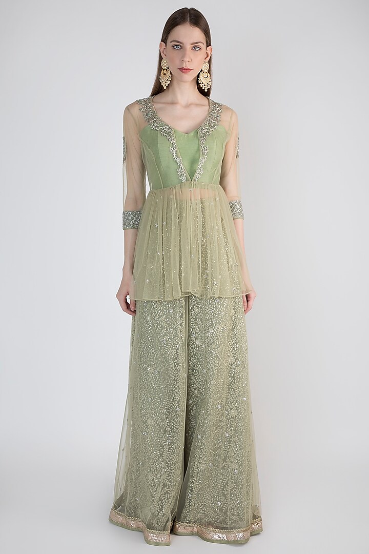 Olive Green Embroidered Jacket With Bustier & Pants by Himani And Anjali Shah
