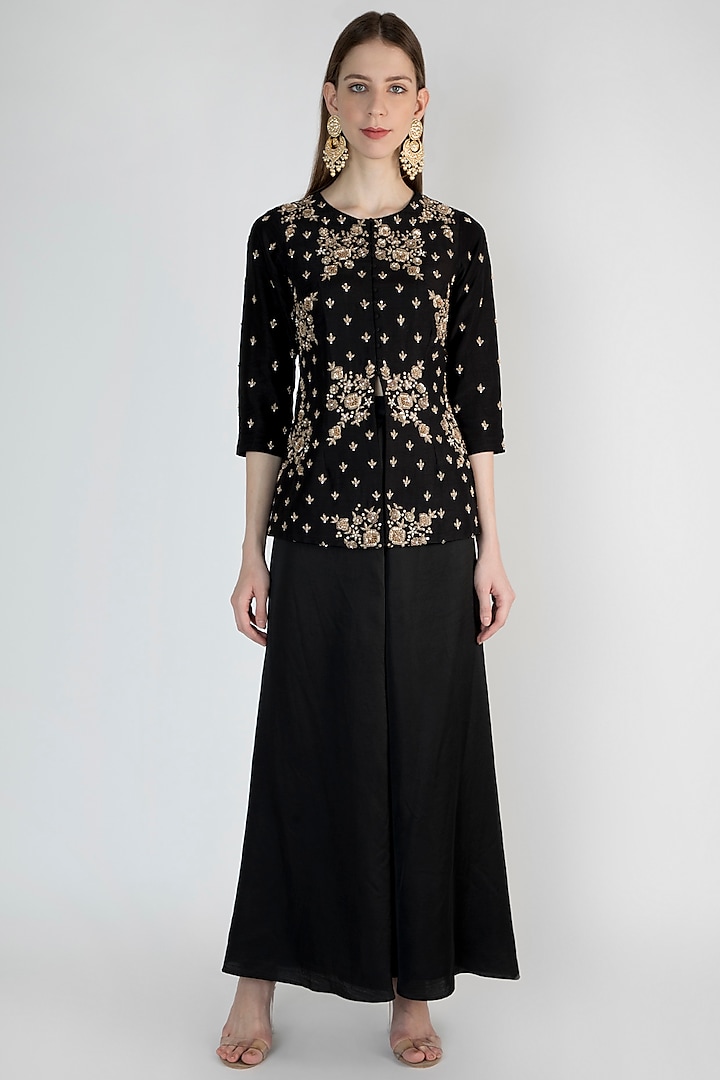 Black Embroidered Jacket With Flared Pants by Himani And Anjali Shah