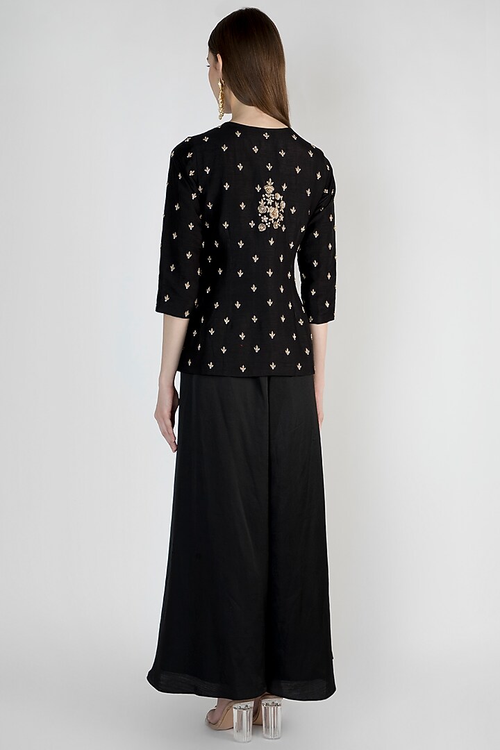 Black Embroidered Jacket With Flared Pants by Himani And Anjali Shah at Pernia's Pop Up Shop