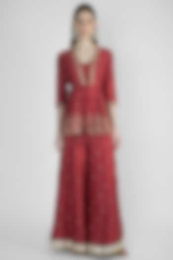 Red Embroidered Jacket With Bustier & Pants by Himani And Anjali Shah at Pernia's Pop Up Shop