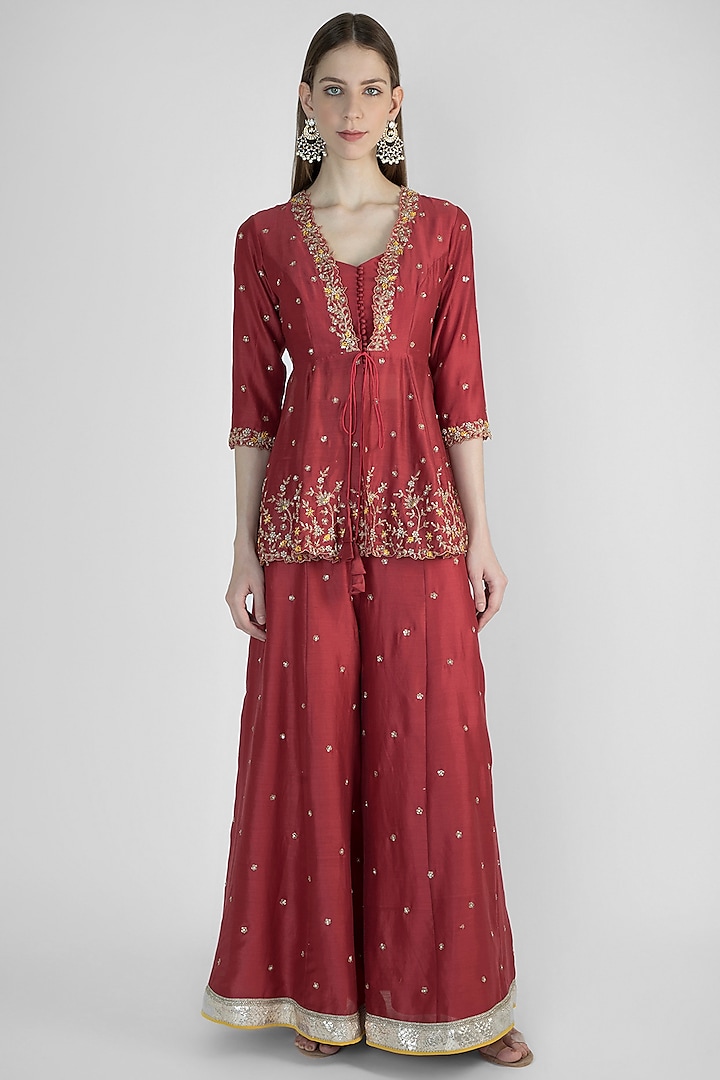 Red Embroidered Jacket With Bustier & Pants by Himani And Anjali Shah
