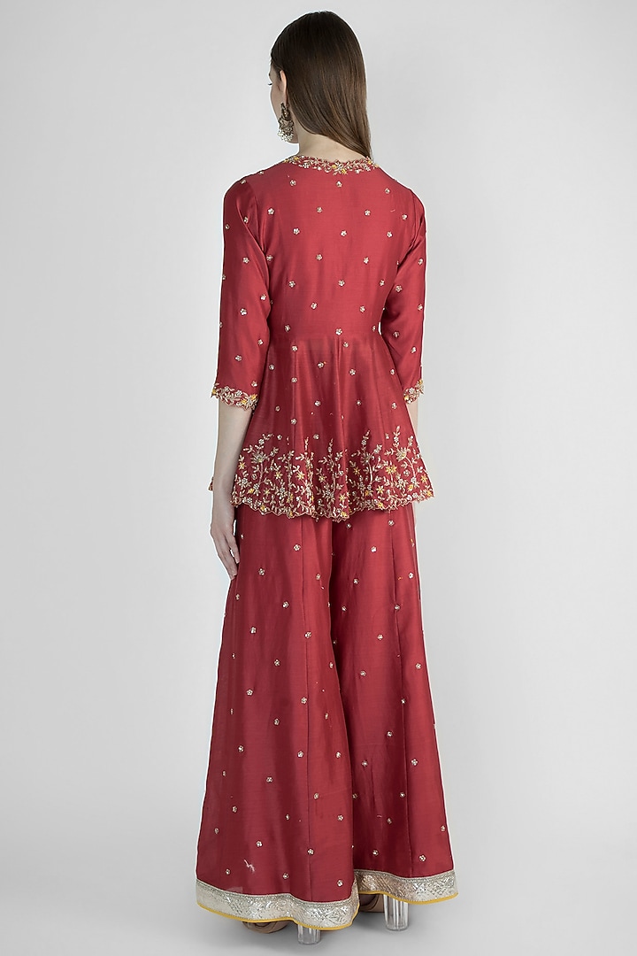 Red Embroidered Jacket With Bustier & Pants by Himani And Anjali Shah at Pernia's Pop Up Shop