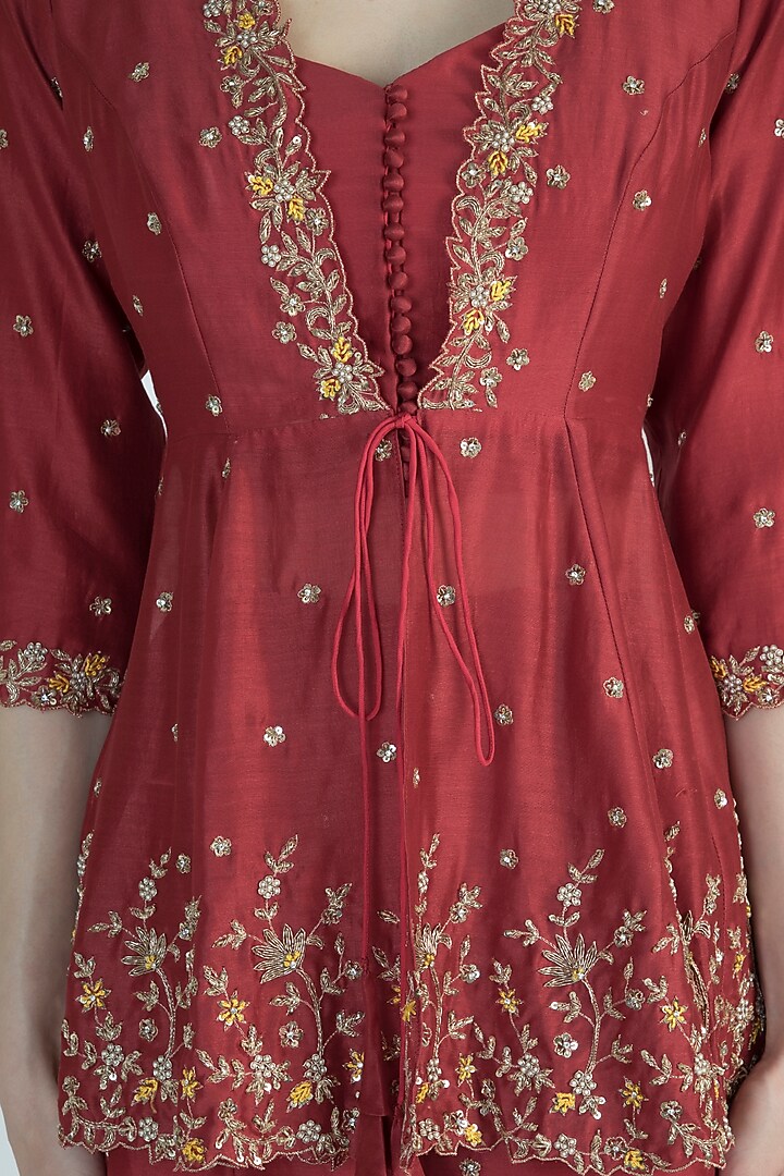 Red Embroidered Jacket With Bustier & Pants by Himani And Anjali Shah at Pernia's Pop Up Shop