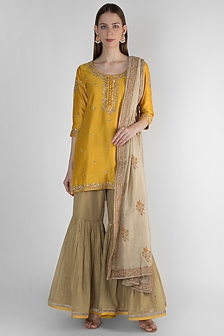 Mustard Yellow & Beige Embroidered Printed Kurta Set by Himani And Anjali Shah