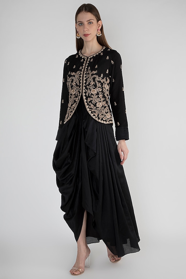 Black Anarkali With Embroidered Jacket by Himani And Anjali Shah at Pernia's Pop Up Shop