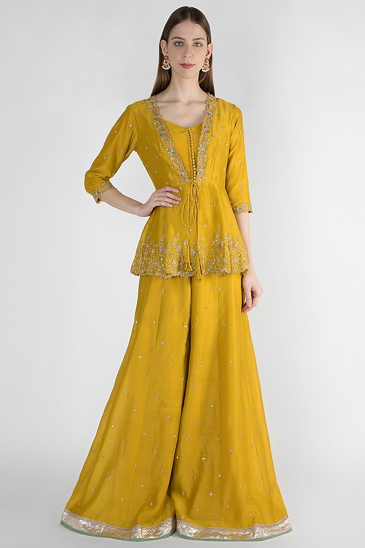 Mustard Yellow Peplum Jacket With Bustier & Flared Pants by Himani And Anjali Shah