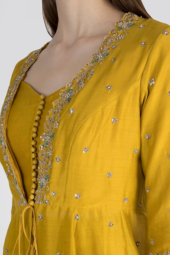 Mustard Yellow Peplum Jacket With Bustier & Flared Pants by Himani And Anjali Shah at Pernia's Pop Up Shop