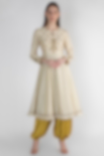 White Embroidered Kurta With Ochre Dhoti Pants by Himani And Anjali Shah