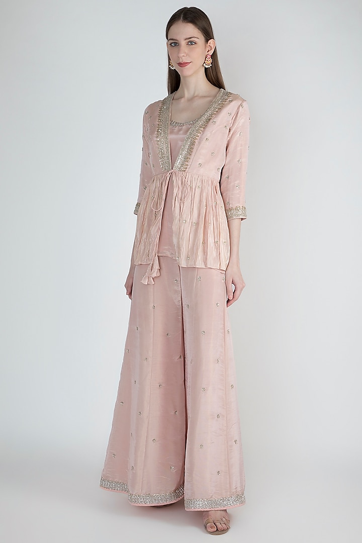 Blush Pink Embroidered Peplum Top With Inner & Pants by Himani And Anjali Shah