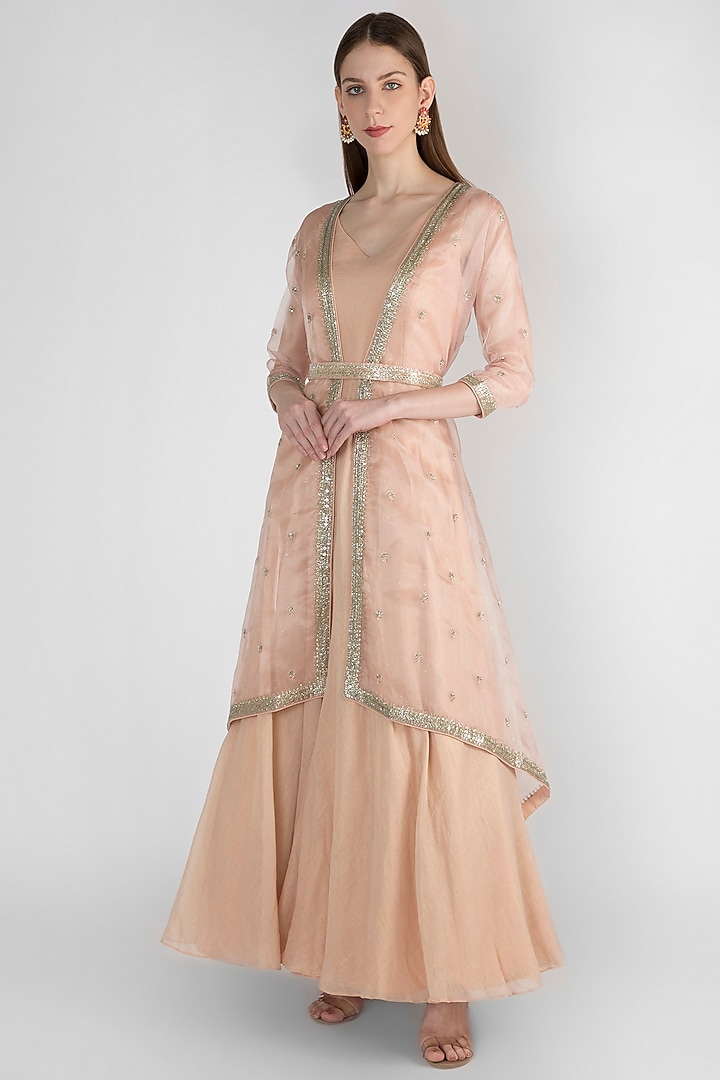 Blush Pink Wedding Anarkali With Embroidered Cape & Belt by Himani And Anjali Shah at Pernia's Pop Up Shop