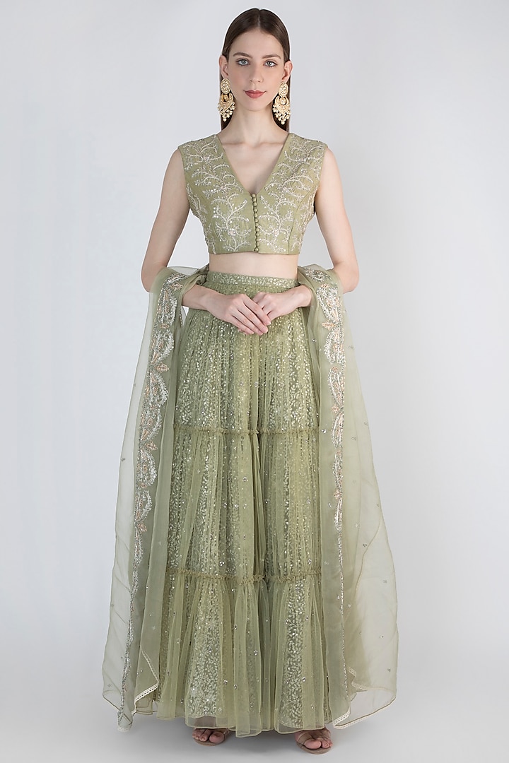 Sage Green Embroidered Lehenga Set by Himani And Anjali Shah at Pernia's Pop Up Shop