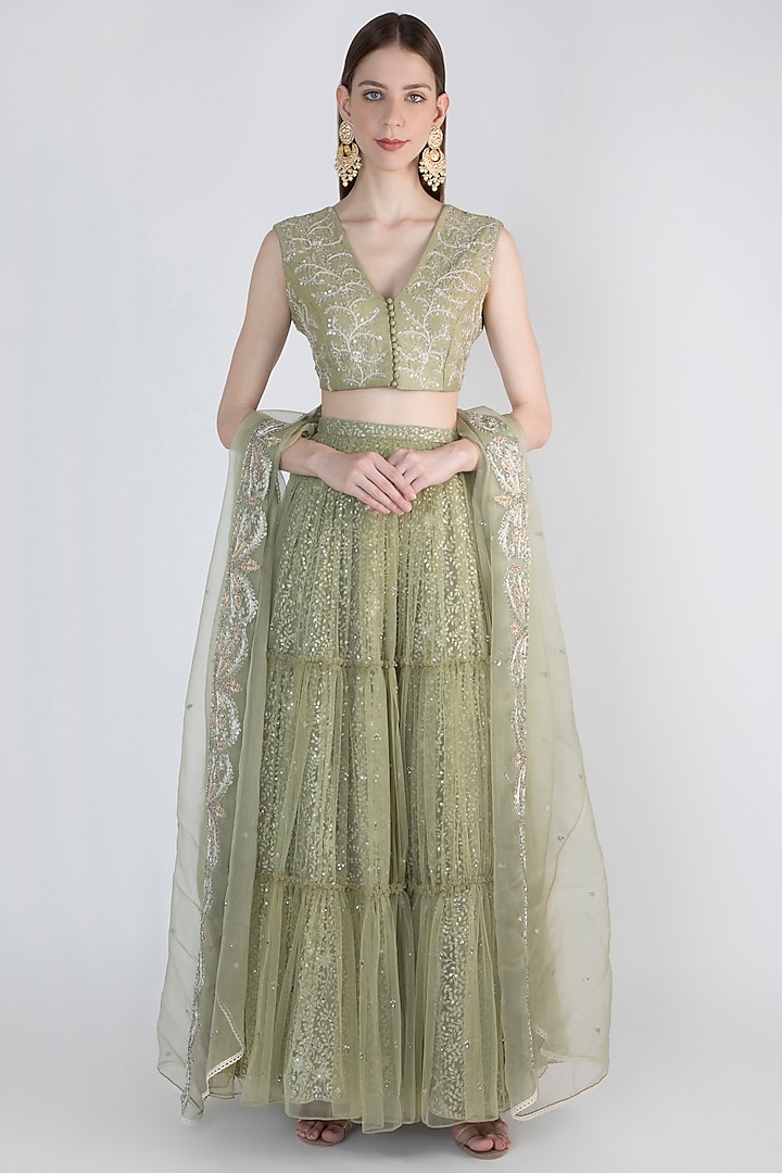 Sage Green Embroidered Lehenga Set by Himani And Anjali Shah