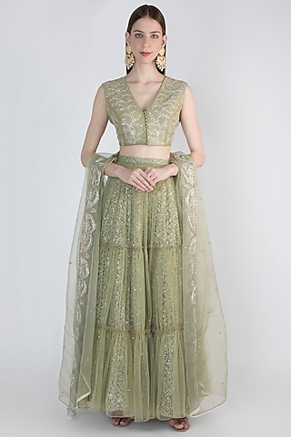 Sage Green Embroidered Lehenga Set by Himani And Anjali Shah