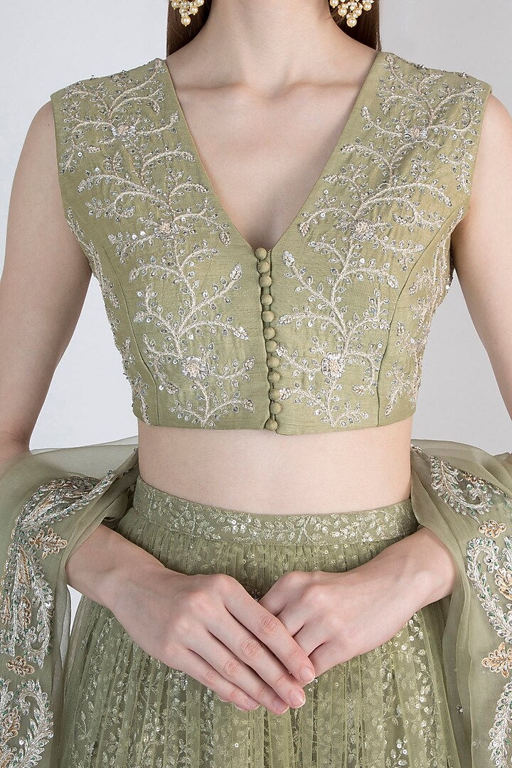 Sage Green Embroidered Lehenga Set by Himani And Anjali Shah at Pernia's Pop Up Shop