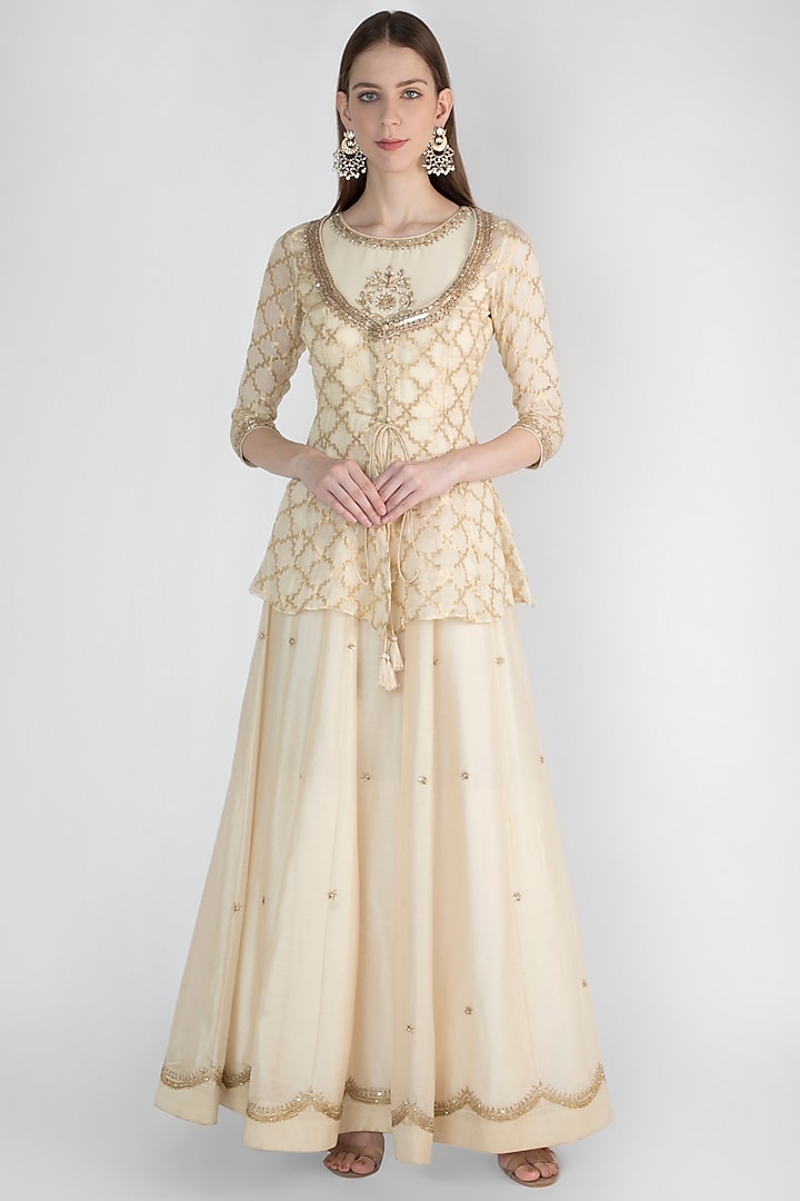 Ivory Embroidered Anarkali With Peplum Jacket by Himani And Anjali Shah