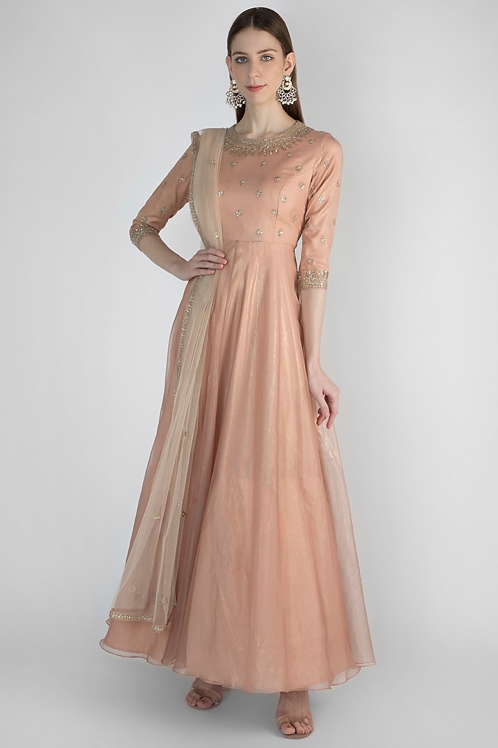 Mauve Embroidered Anarkali With Nude Pink Dupatta by Himani And Anjali Shah