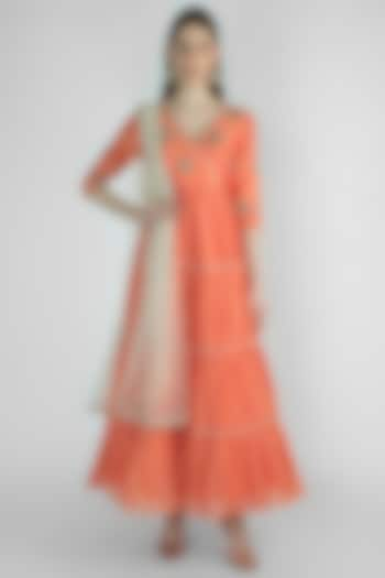 Coral Orange Embroidered Anarkali With Beige Dupatta by Himani And Anjali Shah