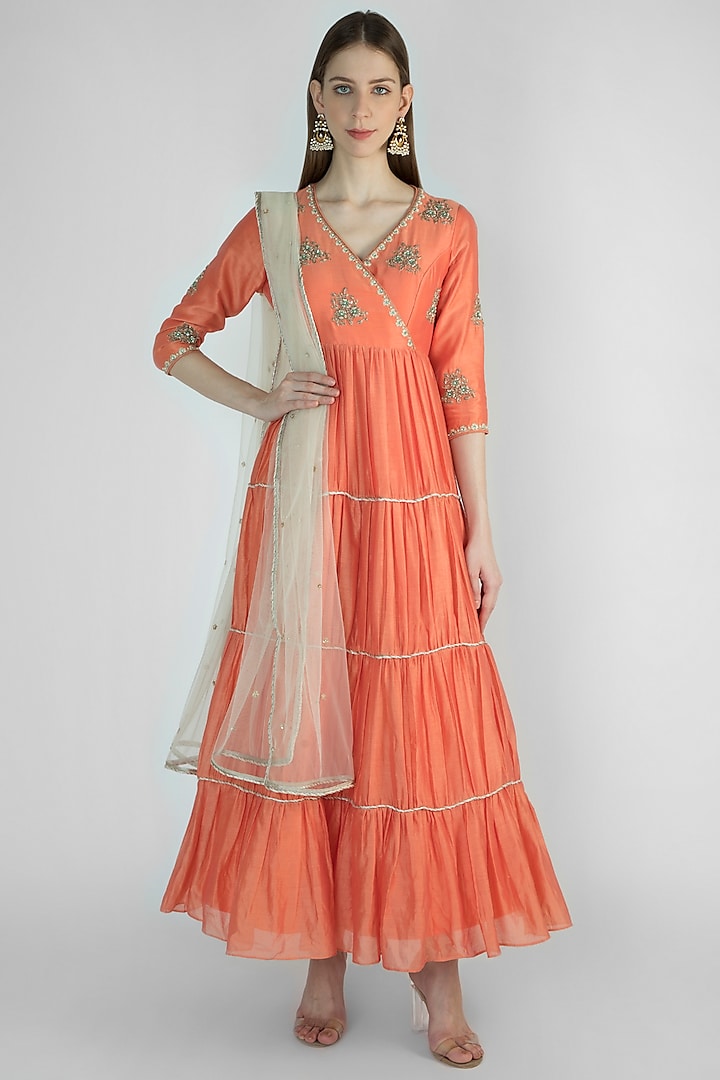 Coral Orange Embroidered Anarkali With Beige Dupatta by Himani And Anjali Shah