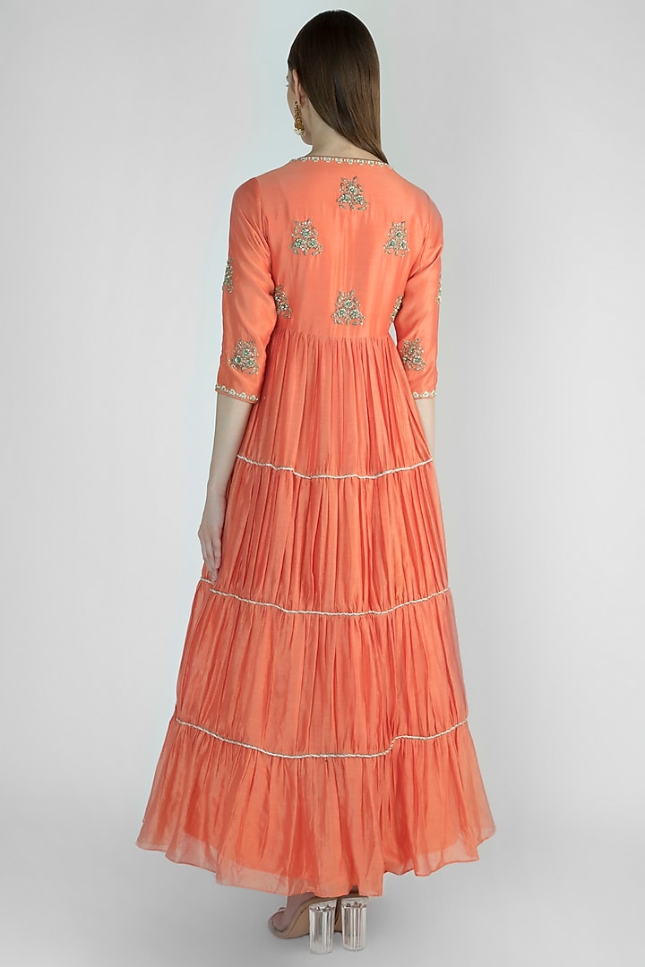 Coral Orange Embroidered Wedding Anarkali With Beige Dupatta by Himani And Anjali Shah at Pernia's Pop Up Shop