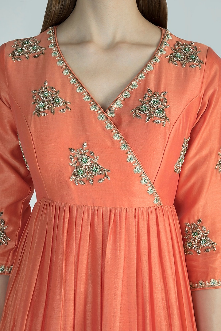Coral Orange Embroidered Wedding Anarkali With Beige Dupatta by Himani And Anjali Shah at Pernia's Pop Up Shop
