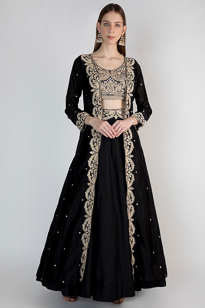 Black Embroidered Jacket Lehenga Set by Himani And Anjali Shah