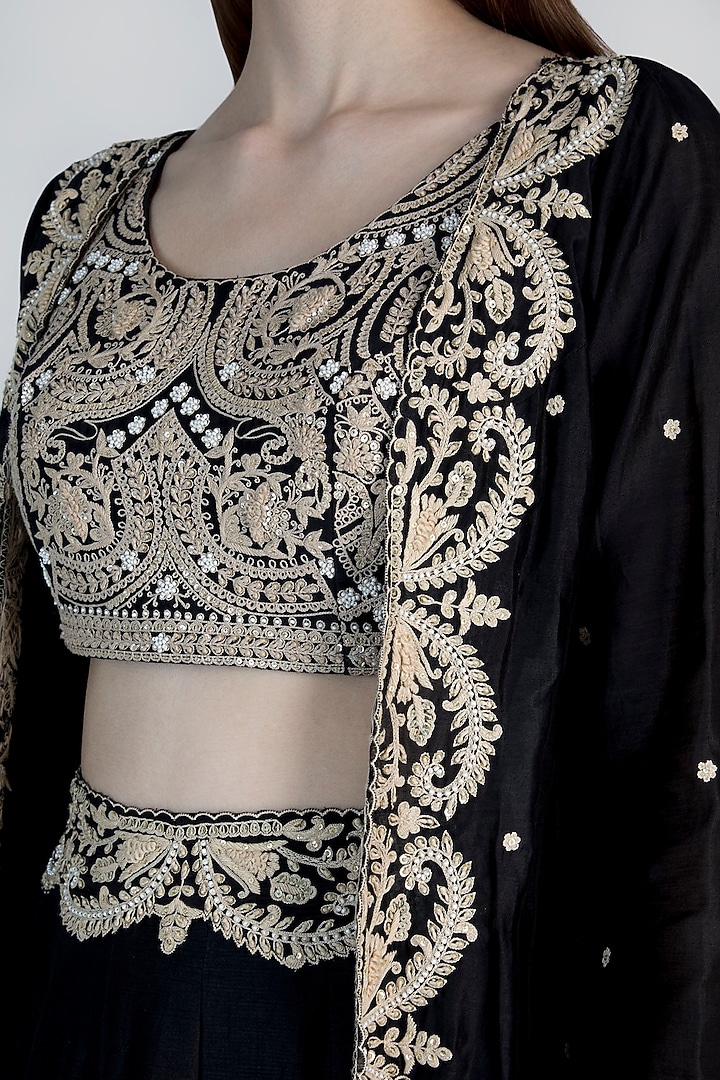 Black Embroidered Jacket Lehenga Set by Himani And Anjali Shah at Pernia's Pop Up Shop