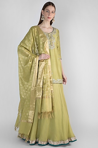 Lime Green Lehenga Set With Banarasi Dupatta by Himani And Anjali Shah