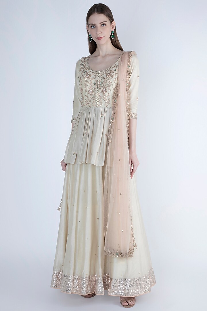 Ivory Embroidered Peplum Anarkali With Dupatta by Himani And Anjali Shah