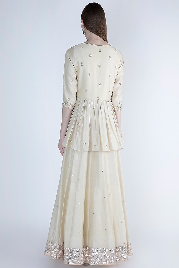 Ivory Embroidered Peplum Wedding Anarkali With Dupatta by Himani And Anjali Shah at Pernia's Pop Up Shop