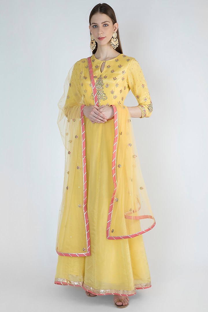 Lime Yellow Embroidered Anarkali With Dupatta Design by Himani And ...