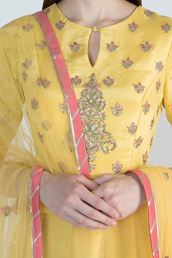 Lime Yellow Embroidered Wedding Anarkali With Dupatta by Himani And Anjali Shah at Pernia's Pop Up Shop