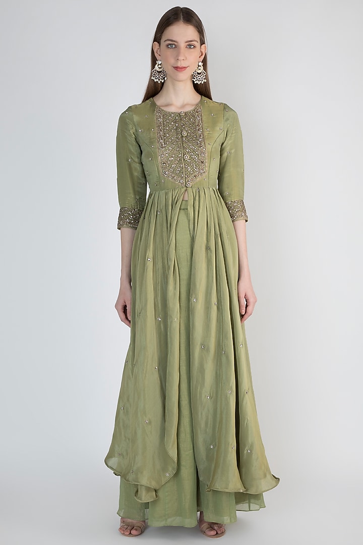 Olive Green Embroidered Kurta With Pants by Himani And Anjali Shah at Pernia's Pop Up Shop
