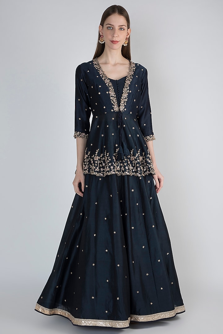 Midnight Blue Embroidered Jacket With Bustier & Skirt by Himani And Anjali Shah
