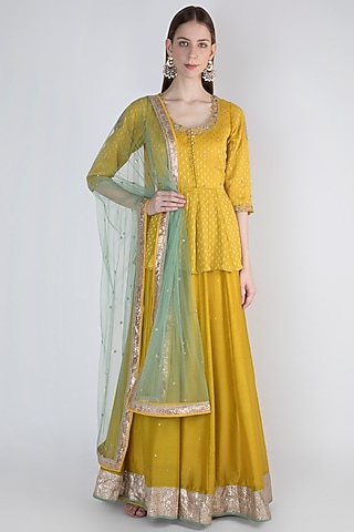 Mustard Yellow Peplum Anarkali With Dupatta by Himani And Anjali Shah