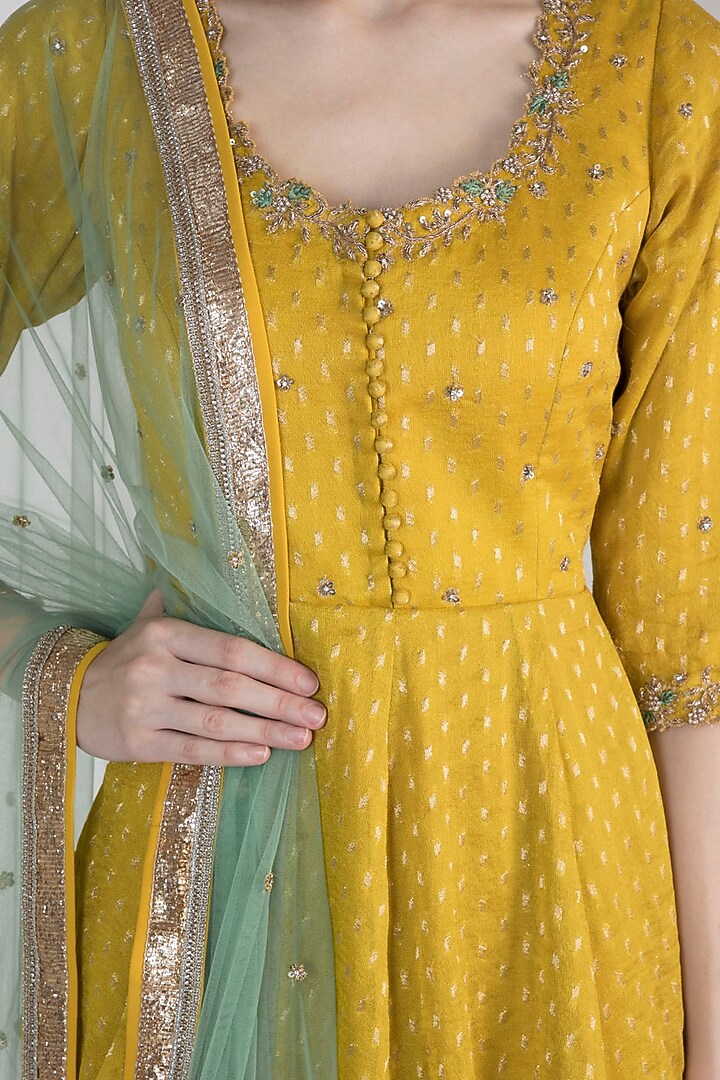 Mustard Yellow Peplum Wedding Anarkali With Dupatta by Himani And Anjali Shah at Pernia's Pop Up Shop