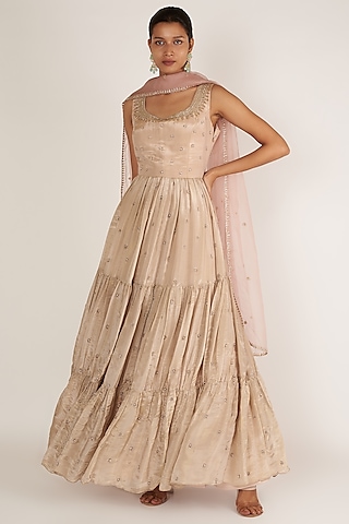 Nude Embroidered Anarkali With Dupatta by Himani And Anjali Shah