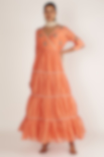 Orange & Coral Embroidered Anarkali With Dupatta by Himani And Anjali Shah