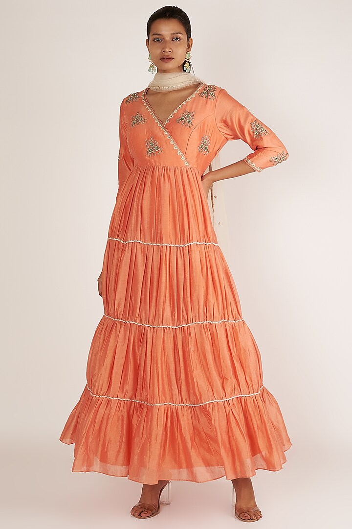 Orange & Coral Embroidered Anarkali With Dupatta by Himani And Anjali Shah