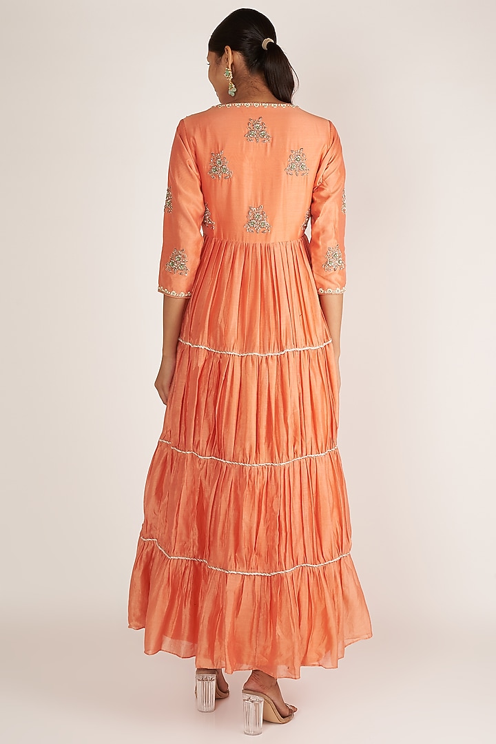 Orange & Coral Embroidered Wedding Anarkali With Dupatta by Himani And Anjali Shah at Pernia's Pop Up Shop