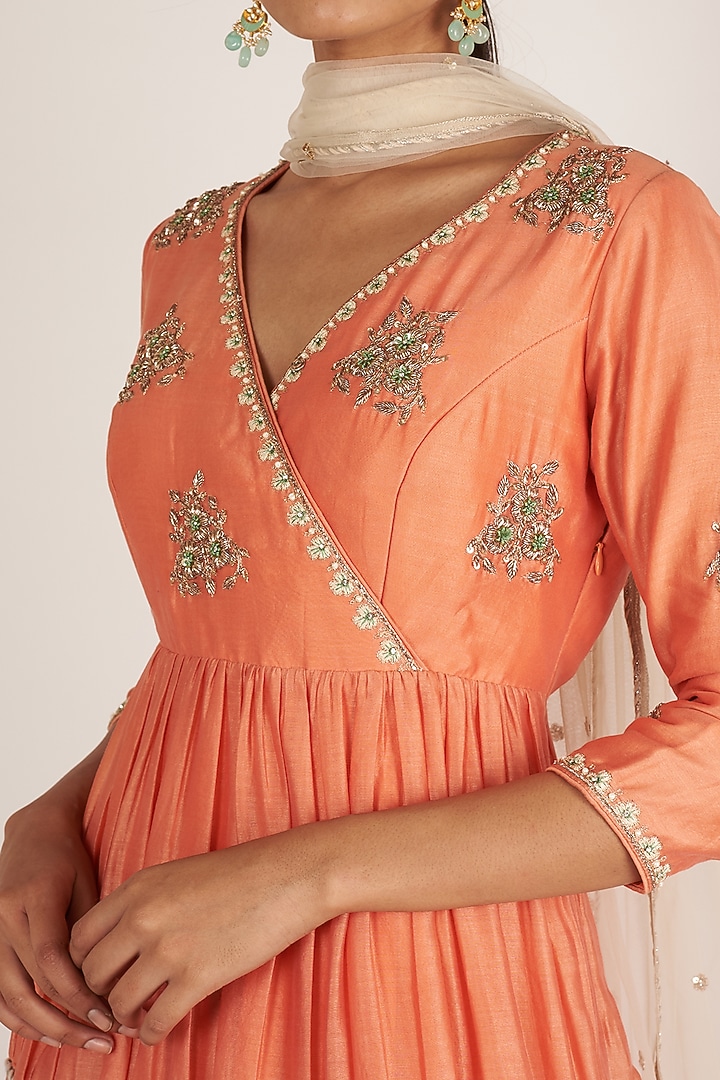 Orange & Coral Embroidered Wedding Anarkali With Dupatta by Himani And Anjali Shah at Pernia's Pop Up Shop